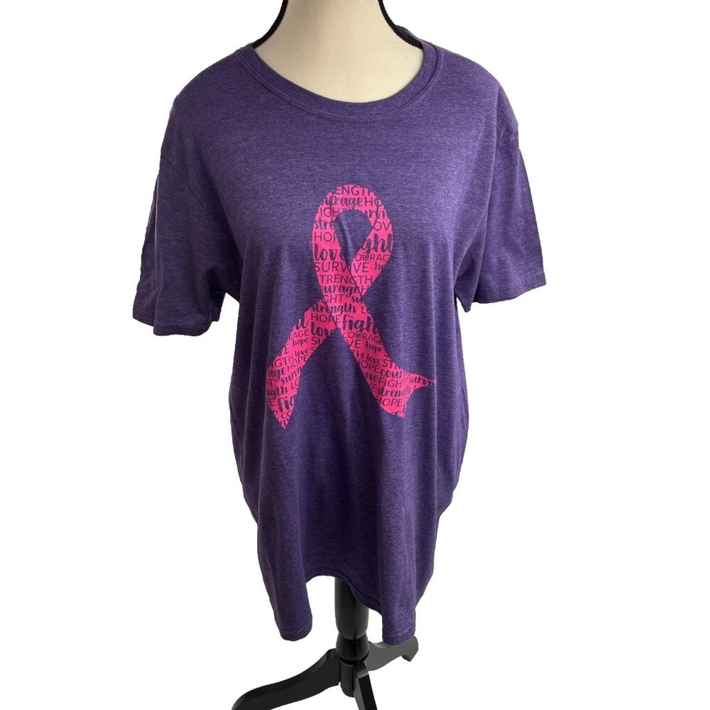 Gildan Womens Purple Graphic T Shirt Pink Ribbon Breast Cancer Size L